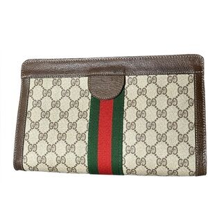 Gucci Vintage  Beige & Brown GG Sherry Line Green/Red Web Clutch Bag